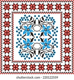 vector geometric background with elements of flowers and plants on the motives of Russian and Ukrainian folk art