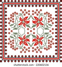 vector geometric background with elements of flowers and plants on the motives of Russian and Ukrainian folk art