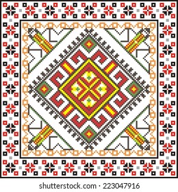 vector geometric background with elements of flowers and plants on the motives of Russian and Ukrainian folk art