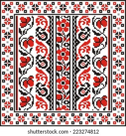 vector geometric background with elements of flowers and plants on the motives of Russian and Ukrainian folk art