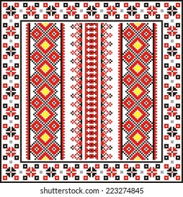 vector geometric background with elements of flowers and plants on the motives of Russian and Ukrainian folk art