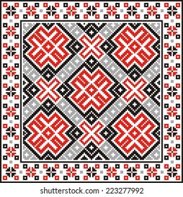 vector geometric background with elements of flowers and plants on the motives of Russian and Ukrainian folk art