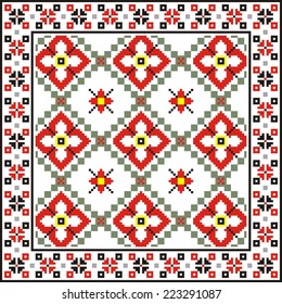 vector geometric background with elements of flowers and plants on the motives of Russian and Ukrainian folk art