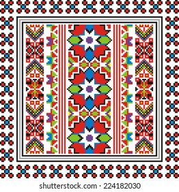 vector geometric background with elements of flowers and plants on the motives of Russian and Ukrainian folk art