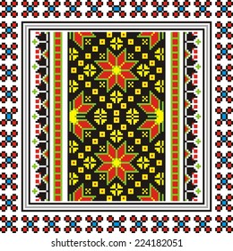 vector geometric background with elements of flowers and plants on the motives of Russian and Ukrainian folk art
