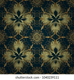 Vector geometric background. Golden color seamless illustration. For your design, wallpaper. Golden seamless pattern on blue, neutral and yellow colors with golden floral elements.