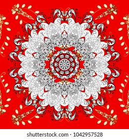 Vector geometric background. Golden color seamless illustration. For your design, wallpaper. Golden pattern on red, white and black colors with golden elements.