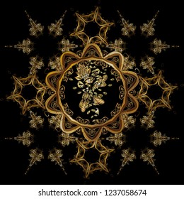 Vector geometric background. Golden color seamless illustration. For your design, wallpaper. Golden seamless pattern on yellow colors with golden floral elements.