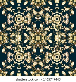 Vector geometric background. Golden color seamless illustration. Golden seamless pattern on white and blue colors with golden floral elements. For your design, wallpaper.