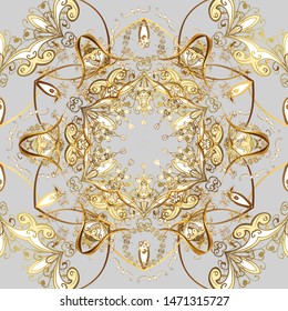 Vector geometric background. Golden color seamless illustration. For your design, wallpaper. Golden seamless pattern on gray and beige colors with golden floral elements.