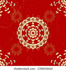  Fondo geométrico vectorial. Ilustración de color dorado. Para tu diseño, papel pintado. Patrón dorado sobre colores blancos y rojos con elementos dorados.