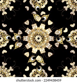 fondo geométrico vectorial. Ilustración sin fisuras de color dorado. Para tu diseño, fondo de pantalla. Patrón dorado sin fisuras en colores con elementos dorados florales.