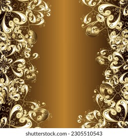 Vector geometric background. Golden color seamless illustration. Golden seamless pattern on beige, brown and yellow colors with golden floral elements. For your design, wallpaper.