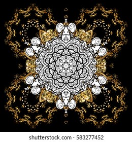 Vector geometric background. Golden color illustration. For your design, wallpaper. Golden pattern on black background with golden elements.
