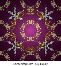 Vector geometric background. Golden color seamless illustration. For your design, wallpaper. Golden pattern on purple background with golden elements.