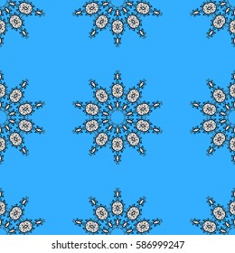 Vector geometric background. Golden color seamless illustration. For your design, wallpaper. Golden seamless pattern on blue background with white floral elements.