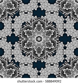 Vector geometric background. Golden color seamless illustration. For your design, wallpaper. Golden seamless pattern on blue background with white floral elements.
