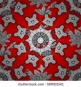 Vector geometric background. Golden color seamless illustration. For your design, wallpaper. Golden seamless pattern on red background with white floral elements.