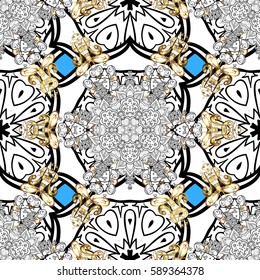 Vector geometric background. Golden color seamless illustration. For your design, wallpaper. Golden pattern on blue background with golden elements.