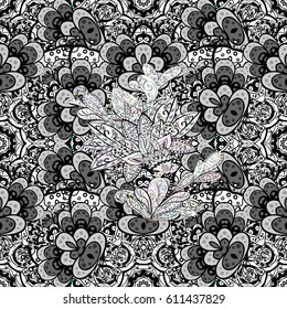 Vector geometric background. Golden color seamless illustration. For your design, wallpaper. Golden seamless pattern on background with white floral elements.