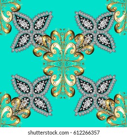Vector geometric background. Golden color seamless illustration. For your design, wallpaper. Golden pattern on blue background with golden elements.