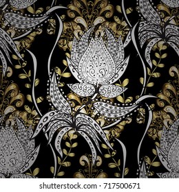 Vector geometric background. Golden color seamless illustration. For your design, wallpaper. Golden pattern on black, white and gray colors with golden elements.
