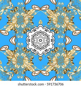 Vector geometric background. Golden on blue background with golden floral elements. Golden color illustration. For your design, wallpaper.
