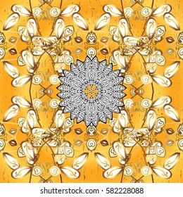 Vector geometric background. Golden pattern on yellow background with golden elements. Golden color illustration. For your design, wallpaper.