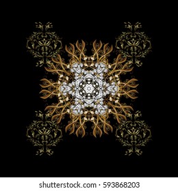 Vector geometric background. Golden pattern on black background with golden elements. For your design, wallpaper. Golden color illustration.