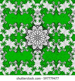 Vector geometric background. Golden pattern on green background with golden elements. Golden color illustration. For your design, wallpaper.