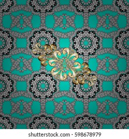 Vector geometric background. Golden pattern on blue background with golden elements. Golden color seamless illustration. For your design, wallpaper.