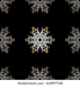 Vector geometric background. Golden pattern on black background with golden elements. Golden color illustration. For your design, wallpaper.