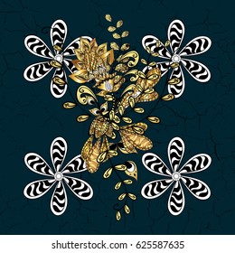 Vector geometric background. Golden pattern on blue background with golden elements. Golden color illustration. For your design, wallpaper.