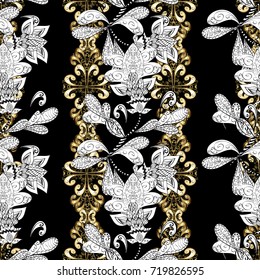 Vector geometric background. Golden pattern on black, white and gray colors with golden elements. Golden color seamless illustration. For your design, wallpaper.