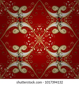 Vector geometric background. Golden seamless pattern on red and yellow colors with golden floral elements. For your design, wallpaper. Golden color seamless illustration.