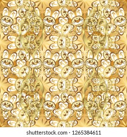Vector geometric background. Golden seamless pattern on beige and yellow colors with golden floral elements. Golden color seamless illustration. For your design, wallpaper.