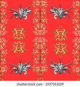 Vector geometric background. Golden seamless pattern on white, beige and red colors with golden floral elements. For your design, wallpaper. Golden color seamless illustration.