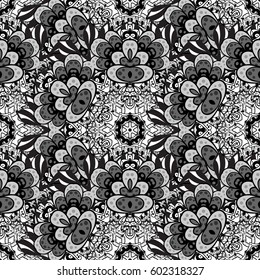 Vector geometric background. Gray color seamless illustration. For your design, wallpaper. Seamless pattern on doodles background with gray floral elements.