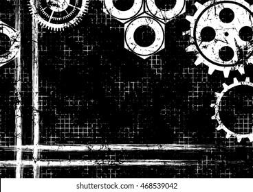 Vector geometric background. Grunge black and white template with mechanism of watch, brushstrokes with space for text, border. Graphic illustration.  