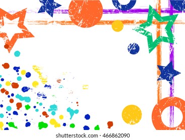 Vector geometric background. Grunge colorful template with geometrical figures, brushstrokes, splash, blots with space for text. Graphic illustration.  