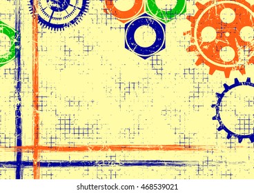 Vector geometric background. Grunge colorful template with mechanism of watch, brushstrokes with space for text. Graphic illustration.  
