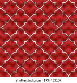 Vector geometric background. Knitted pattern in oriental style. White drawing on a red background.