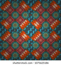 Vector geometric background, mosaic pattern in red, blue and green colors, graphic design. Geometric abstract background, geometric seamless pattern, shapes, tiles, stylized art.