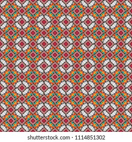 Vector geometric background, mosaic pattern in gray, red and green colors, graphic design. Geometric abstract background, geometric seamless pattern, shapes, tiles, stylized art.