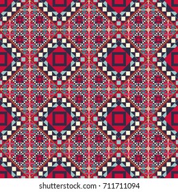Vector geometric background, mosaic pattern in red, violet and beige colors, graphic design. Geometric abstract background, geometric seamless pattern, shapes, tiles, stylized art.