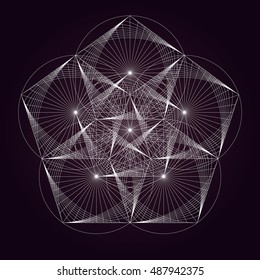 Vector geometric background. Sacred Geometry. White pattern on dark background.