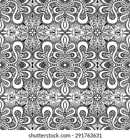 Vector geometric background seamless pattern. Tribal ethnic ornament. Islamic arabic indian motif, lace fabric repeating texture. Black and white