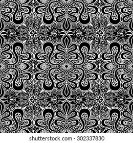Vector geometric background seamless pattern. Tribal ethnic ornament. Arabic indian motif, lace fabric texture. Black and white