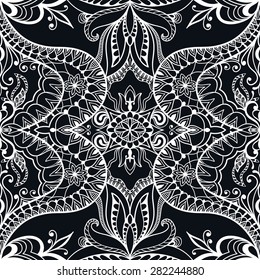 Vector geometric background with seamless texture. Tribal ethnic ornament. Islamic arabic pattern. Black and white illustration