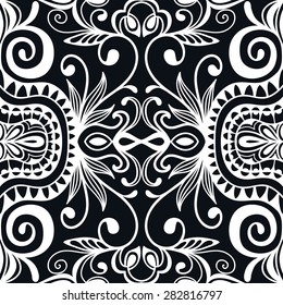 Vector geometric background with seamless texture. Tribal ethnic ornament. Islamic arabic pattern. Black and white illustration